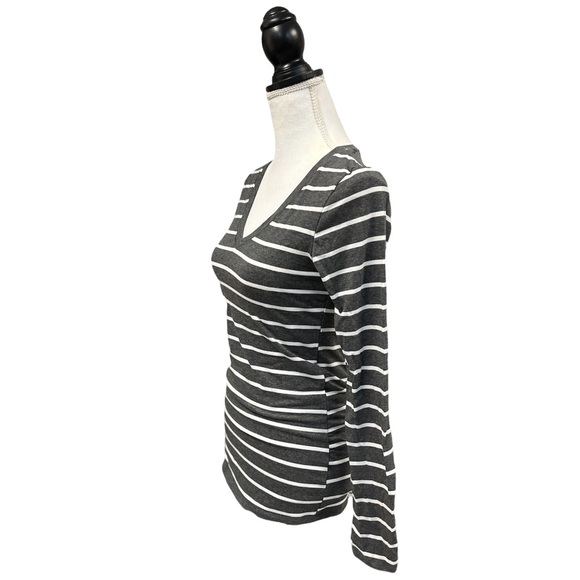 Striped Preppy V- Neck Long Sleeve Stretch Gray White L - Picture 2 of 7